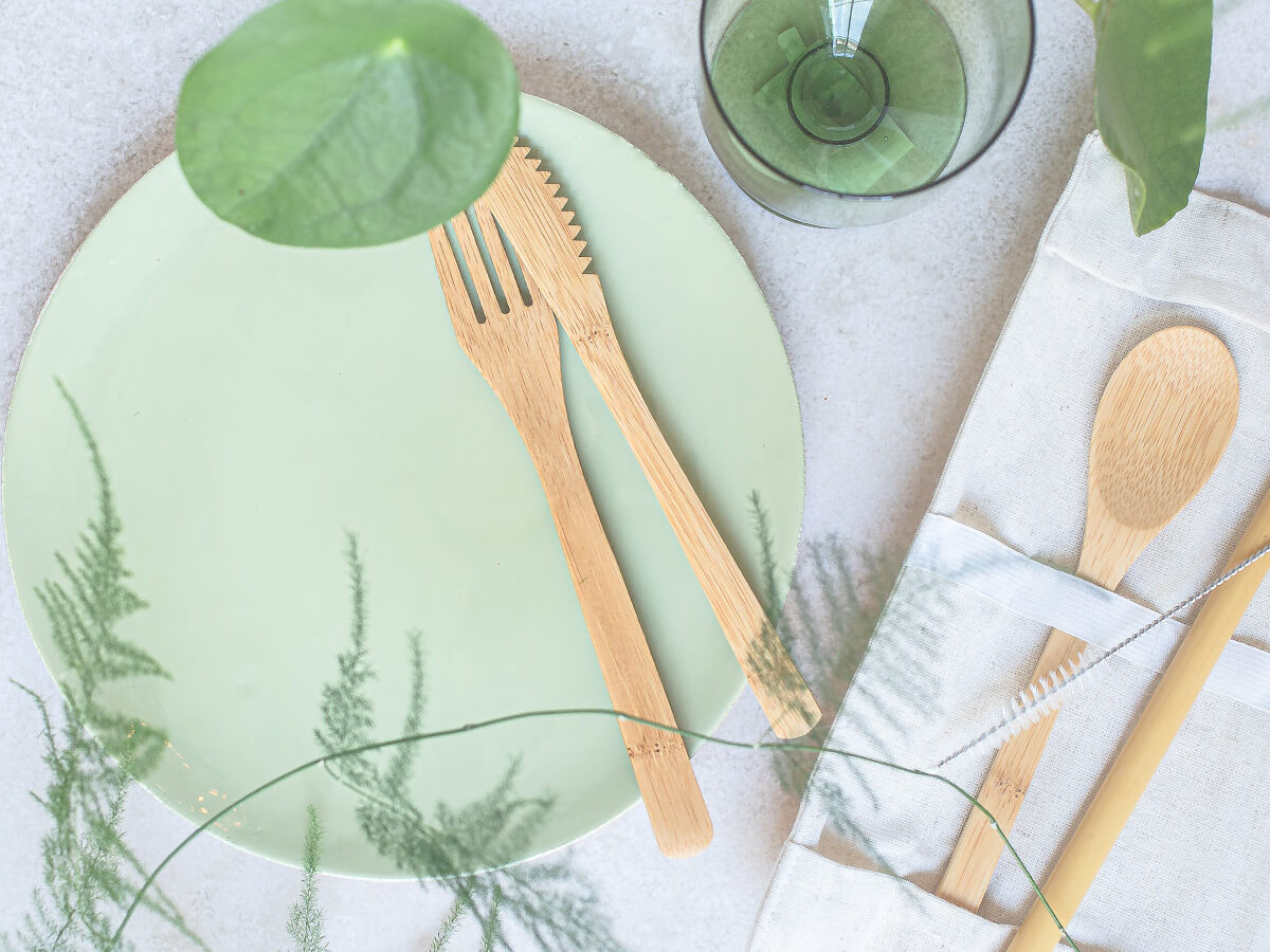 A plate with wooden utensils